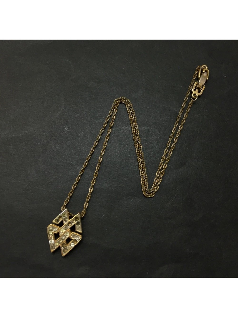 Vintage GIVENCHY Interlocking Double G Logo Rhinestone Pendant Necklace 1980s👝